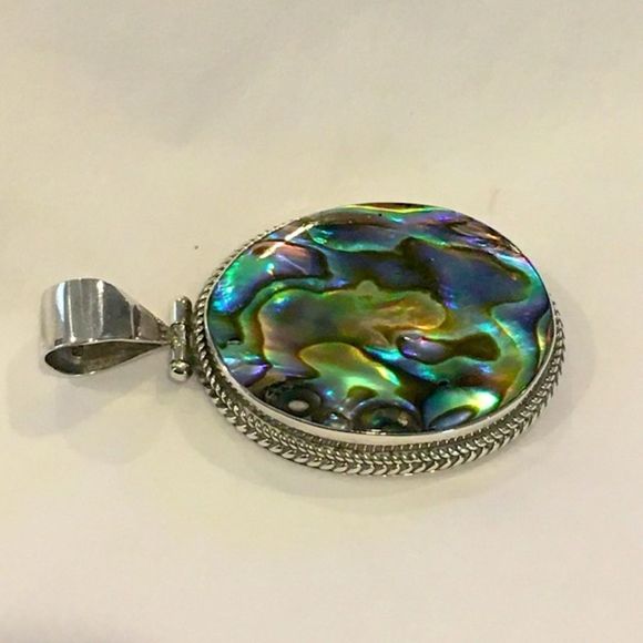 Abalone and Sterling Silver Oval Pendant with Rope Trim Around Bezel - Picture 3 of 15